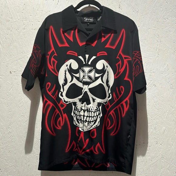 Men’s Dragonfly Clothing Company Rockabilly Skull Biker Short Sleeve Button Down - Picture 1 of 4